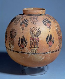 Pot décoré de masques de lion et de déesses cobras sur des fleurs de lotus, de la tombe 1090, Faras, Soudan, 1er-2e siècle AD